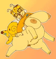 1girls 2d 2d_(artwork) antennae_(anatomy) anthro anthro_only babilyoucis banana banana_peel belly_nipples big_breasts blush canid canid_taur canine canine_ears canine_genitalia canine_pussy centaur centauress chubby claws color colored colored_tongue digital_art digital_drawing_(artwork) digital_media_(artwork) ear exposed_breasts fang fangs female female_focus female_only food_hair food_play fruittaur_(species) furry furry_female furry_only glasses gradient_background nipples one_fang orange_clothing orange_sweater orange_tongue outline paws pussy_juice regretevator roblox roblox_game self_upload shell snail_shell snout solo split_(regretevator) square_glasses stickers sweater sweater_lift taur thick_thighs tongue tongue_out white_outline yellow_blush yellow_body yellow_fur