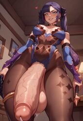 ai_generated big_penis bodysuit cum_drip female_pubic_hair futa_only futanari genshin_impact mona_(genshin_impact) pubic_hair smiling_at_viewer twintails