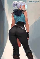 1futa ai_generated ass ass_focus athletic athletic_futanari balls bangs belt big_penis blue_eyes clothed clothing dickgirl fingerless_gloves fit fit_futanari futa_only futanari hoodie jett_(valorant) large_penis looking_back looking_back_at_viewer muscular muscular_arms muscular_futanari pants penis penis_tail ponytail precum precum_drip precum_on_penis precum_string redbisycle standing thick_ass thick_penis valorant veiny_penis white_hair