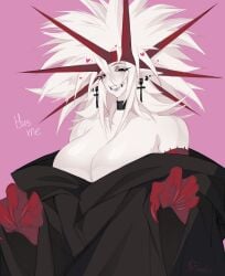 big_breasts big_breasts big_woman black_robe breasts demon demon_girl milf mommy red_crown robe sharp_claws sharp_ears sharp_teeth white white_body white_hair