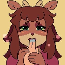 2025 animated anthro blush clothed clothing deer digital_media_(artwork) embarrased_horny embarrassed female fully_clothed looking_at_viewer looking_pleasured mammal open_mouth oral pixel_(artwork) pixel_animation simple_background solo sonofan sucking