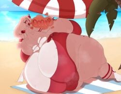 1girls backboob beach beach_umbrella bikini breasts burping enormous_ass female gorestuffed huge_thighs palm_tree thick_thighs thighs