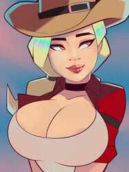 1girls 2d areola_slip areolae blonde_hair breasts choker cleavage clothed cowboy_hat epic_games female female_only fortnite hat hi_res huge_breasts human human_only humanoid light-skinned_female light_skin lipstick multicolored_background not_furry pale-skinned_female pale_skin pink_eyes pinup ponytail pose postblue98 rustler simple_background smile solo solo_focus tagme tank_top