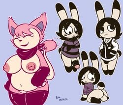 1boy 1girls 2016 androgynous anthro ass backsack balls black_hair borrowed_character bottomless breasts clothed clothing dumbun felino female female_pokemon femboy fingerless_gloves gloves lagomorph large_penis male male_anthro mammal nintendo original penis penis_size_difference pokemon pussy rabbit scarf skitty video_games