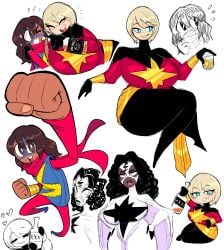 1girls 3girls big_ass big_breasts blonde_hair blue_eyes blush captain_marvel carol_danvers huge_ass huge_breasts ilikestuffdoyou kamala_khan marvel marvel_comics monica_rambeau ms._marvel ms._marvel_(carol_danvers) superheroine theguywhodrawsalot thick_thighs