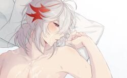 1boy after_sex cum cum_on_body facial genshin_impact hair_between_eyes highres illu_nis implied_yaoi kaedehara_kazuha long_hair lying male_focus male_only multicolored_hair open_mouth pillow ponytail red_eyes red_hair solo streaked_hair topless_male white_background white_hair