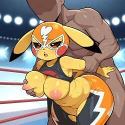 ai_generated ambiguous_penetration anthro breast_grab dark-skinned_male dark_skin exposed_breasts exposed_pussy faceless_male furry furry_female human human_male interspecies nintendo penetration pikachu pikachu_libre pokemon pokemon_(species) sex wrestling_ring