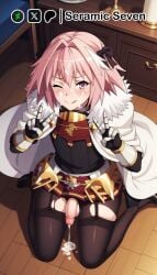 1boy 2d ai_generated astolfo_(fate) blush blush cum cum_drip cum_on_body cum_on_face double_v double_v_sign fate/grand_order fate_(series) femboy femboy_focus femboy_only heavy_breathing licking_own_lips looking_at_viewer male one_eye_closed pink_eyes pink_hair seramic_seven solo solo_femboy solo_focus v_sign