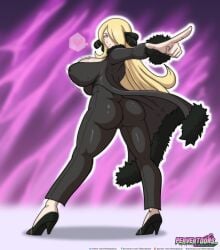 arrogant cynthia_(pokemon) female fully_clothed high_heels pointing pokemon riffsandskulls