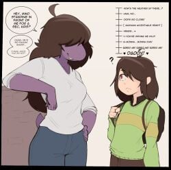 1boy backpack brown_hair clothed clothed_female clothed_male confused deltarune demidoggo dialog english english_text female female_anthro green_sweater hair_over_eyes hair_over_one_eye height_difference horny horny_female kris_(deltarune) light-skinned_male long_hair male male_human monster monster_girl oblivious one_eye_covered purple_skin red_eyes ruler scalie scalie_female scalie_humanoid short_male smaller_male susie_(deltarune) tail taller_female text undertale_(series)