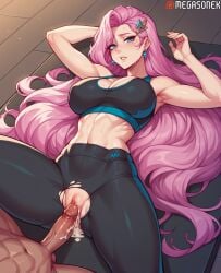 1boy abs after_sex after_vaginal ai_generated armpits arms_up artist_name bangs bare_shoulders black_pants blue_eyes blush breasts cleavage collarbone cum cum_in_pussy earrings female hair_ornament jewelry large_breasts league_of_legends league_of_legends:_wild_rift long_hair looking_at_viewer lying megasonek muscular navel on_back pants parted_lips patreon_username penis pink_hair pussy riot_games seraphine_(league_of_legends) shiny shiny_hair shiny_skin solo_focus sports_bra straight sweat teeth torn_clothes uncensored watermark