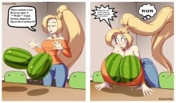 4wheelsmike bimbo bimbofication blonde_female breast_expansion breasts cartoon chested flat melons monster surprised_expression transformation wishing