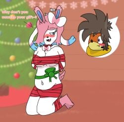 absurd_res ambiguous_gender anthro arms_tied bedroom_eyes belly blush bodily_fluids bondage bound breasts buizel bulge christmas christmas_tree duo ear_piercing ear_tag eeveelution fang_(hupla21) generation_4_pokemon generation_6_pokemon hanging_breasts hi_res holidays hupla21 legs_tied male narrowed_eyes navel nintendo nonbinary_(lore) nude piercing pixie_(hupla21) plant pokemon pokemon_(species) ribbon_bondage ribbons seductive signature sweat sylveon text tree