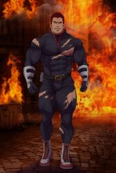 1boy abs bara beard_stubble beefy belt belt_pouch biceps big_areola big_breasts big_bulge blue_eyes boku_no_hero_academia boots bracelet bulge bulge_through_clothing burning burning_building chest_hair clenched_hand clothed daddy dark_lighting dilf endeavor_(boku_no_hero_academia) endeavor_(my_hero_academia) enji_todoroki exposed_breasts exposed_nipples fire flaccid flame frown full_body fully_clothed gloves half-closed_eyes hero_outfit_(mha) hi_res hunk laugh leg_hair looking_at_viewer male male_breasts male_only manly mature_male muscles muscular muscular_arms muscular_legs muscular_male muscular_thighs mustache_stubble my_hero_academia on_fire open_mouth oppai outdoors pecs quadriceps realistic_background realistic_textures red_hair ryans short_hair six_pack solo standing thick_arms thick_eyebrows thick_thighs thunder_thighs tight_clothing tiled_floor torn_clothes tough_guy veiny_arms veiny_muscles walking wrestling_boots