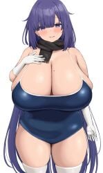 1girls breasts chubby female hips huge_breasts long_hair neneneji one-piece_swimsuit original original_character purple_eyes purple_hair swimsuit thick_thighs thighs voluptuous wide_hips