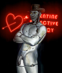 1boy fallout fallout_4 flaccid grey_skin humanoid itspornotime machine male male_only metal_penis metallic nick_valentine penis plantigrade pose robot simple_background smile solo video_games yellow_eyes