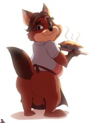 1boy anthro apron ass balls barefoot bottomless canine clothed clothing crazedg disney erection food fox gideon_grey holding_food holding_object looking_at_viewer looking_back male male_only mammal penis perineum pie pinup pose raised_tail rear_view signature slightly_chubby solo standing steam tapering_penis zootopia