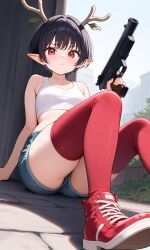 ai_generated antlers beach black_hair elf_ears eye_contact female gloves pixie_cut red red_eyes red_gloves seductive_expression short_hair smirk smug_expression stripper teasing usebackdooronly