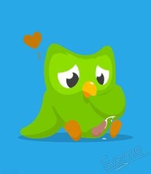 1boy animal_genitalia avian beak bird cum duo_(duolingo) duolingo erection green_body heart male male_only masturbation no_outlines owl penis solo svenno