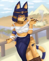 alternate_version_available animal_crossing ankha background bandage belly_button big_ears dress female female_only furry looking_at_viewer tail thighs