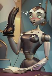 blush blush blushed blushed_face cappy_(robots) dildo dildo_in_hand female fine_art_parody holding_dildo holding_object robot robot_girl robots_(film) shocked_expression