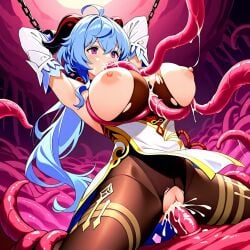 1girls ai_generated blowjob blue_hair bondage boobjob breasts breasts_out bukkake chained chains cum cum_on_breasts fellatio female ganyu_(genshin_impact) genshin_impact hair horns long_hair oral paizuri purple_eyes restrained ripped_clothing submissive submissive_female tentacle tentacle_bondage titjob vaginal_penetration