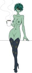 1girls adventure_time alternate_body_type breasts cartoon_network coffee_mug fit fit_female green_eyes green_hair green_sclera green_skin high_heel_boots high_heels huntress huntress_wizard leaf_hair lean_body lean_figure medium_breasts nipples pussy shaved_pussy short_hair solo solo_female thewatcherofworlds tomboy vagina wizard