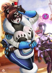 2girls bikini biting_lip breasts brown_hair cleavage cosplay curvy female furrification furry glasses gun hair_bun headgear huge_breasts mei_(overwatch) metal_gear_solid metal_gear_solid_v overwatch panda pantyhose ponytail purple_hair purple_skin quiet_(metal_gear)_(cosplay) shadman spider standing sweat tied_hair widowmaker