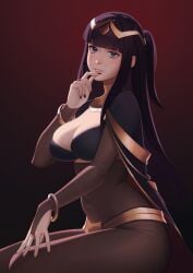 1girls big_breasts black_hair black_nails blue_eyes blunt_bangs bodystocking breasts bridal_gauntlets cape circlet cleavage dnaitari female fire_emblem fire_emblem_awakening from_side gold_jewelry gold_trim large_breasts midriff nintendo painted_nails sitting skin_tight skindentation solo tharja_(fire_emblem) thighs tight_clothing two_side_up