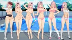 1girls 3d alternate_hairstyle arm_up armpits barefoot big_breasts blue bra breasts busty child_bearing_hips cleavage curvy feet female female_only fujiwara_chika headband hi_res kaguya-sama_wa_kokurasetai_~tensai-tachi_no_renai_zunousen~ large_breasts legs long_hair looking_at_viewer navel nipples one_eye_closed open_mouth panties pink_bra pink_panties ponytail pool pose posing pussy smile solo thighs toned tongue v voluptuous w water white_bra white_panties wink