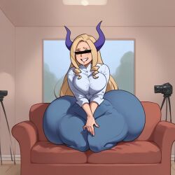 1girls ai_assisted ai_generated arrogant big_ass big_breast camera censor_bar civitai huge_ass identity_censor kalagod mount_lady my_hero_academia nervous_smile shiin_(ai_generated) solo thick_thighs wide_hips