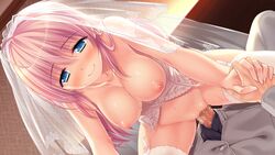 :) areolae bare_arms bare_shoulders blue_eyes blush breasts bridal_veil bride censored cowgirl_position eyebrows eyebrows_visible_through_hair female game_cg garter_straps hand_holding happy highres indoors interlocked_fingers large_breasts legs lingerie long_hair lying mosaic_censoring mound_of_venus nipples no_bra no_panties original penis pink_hair pussy sakura_no_mori_dreamers sex shaved_pussy shaved_pussy sitting sitting_on_person smile solo_focus straddling sweat thighhighs thighs vaginal_penetration white_legwear yamakaze_ran