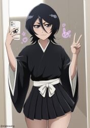 black_hair bleach cellphone female kimono kimono_skirt kuchiki_rukia miniskirt mistowing selfie short_hair skirt smile solo v