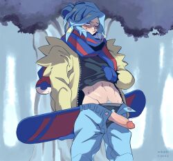 1boy abs androgynous blue_eyes blue_hair blush clothed grusha_(pokemon) male male_only outdoors penis pubic_hair scarf scarf_over_mouth skinny solo sweat