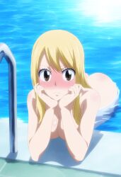 ai_generated ass blonde_hair blush blushing blushing_at_viewer brown_eyes closed_mouth fairy_tail female female_only hands_on_face long_hair lucy_heartfilia naked nude pool