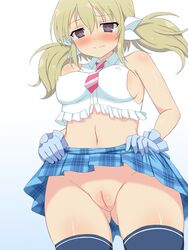 bare_shoulders black_legwear blonde_hair blue_gloves blush braid breasts brown_eyes covered_nipples gloves hair_ribbon highres kafuru_(senran_kagura) long_hair marvelous navel necktie no_bra no_panties plaid plaid_skirt pussy ribbon senran_kagura senran_kagura_(series) senran_kagura_estival_versus shirt skirt skirt_lift sleeveless sleeveless_shirt thighhighs tied_hair twin_braids yaomai