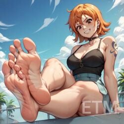 ai_generated clothing etm_ai female female_only foot_fetish nami_(one_piece) one_piece sweaty_feet