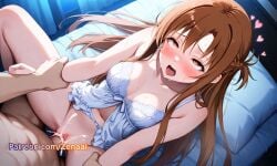 1boy 1girls ahe_gao ai_generated babydoll bed bedroom blush breasts brown_eyes brown_hair cum cum_in_pussy female heart long_hair medium_breasts navel night on_bed open_mouth patreon penis pussy rolling_eyes seductive seductive_smile sex spread_legs straight sweat sword_art_online vaginal_penetration wet wet_pussy yuuki_asuna zenaai