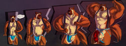 1boy abs animal_genitalia anthro armpits balls belly belt biceps blue_eyes bondage bottomless brown_nose canine clothed clothing cum english_text facial_hair flexing growth humanoid_penis hyper kihuotter looking_at_viewer male male_only mammal musclegut muscular muscular_male nipples nude partially_retracted_foreskin pecs penis pose precum scale smile solo standing teeth text thong toes topless uncut underwear vein veiny_penis