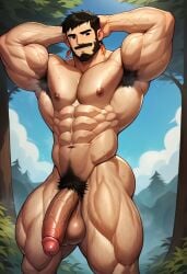 1boy abs ai_generated balls bara biceps big_balls big_penis black_hair bodybuilder civitai detailed_background erection forest gay genderswap_(ftm) male muscular_male nature penis rule_63 short_hair sky_(tdi) solo total_drama_island