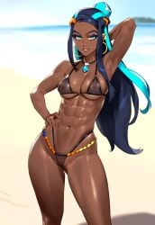 1girls abs ai_generated bare_arms bare_legs bare_shoulders bare_thighs beach big_breasts big_penis bikini bikini_bottom bikini_top black_hair blue_eyes clothed clothing color dark-skinned_female dark_skin female female_focus female_only fit_female game_freak gym_leader hi_res long_hair looking_at_viewer muscles muscular muscular_female nessa_(pokemon) nintendo pokemon pokemon_ss pokemon_trainer sand sea solo solo_female thick_thighs water