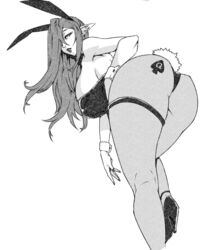 1girls ass bunny_ears bunny_girl bunnysuit female female_only high_heels large_breasts long_ears long_hair minew monochrome queen_of_spades sketch solo spade tattoo thigh_strap