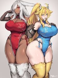 2d 2d_(artwork) 2girls 5_fingers big_breasts black_panties blonde_hair blue_clothing blue_eyes boob_window brown_body bunny_ears chinese_clothes colored digital_media_(artwork) fur_thighhighs hand_behind_back hand_on_breast hi_res horns human looking_at_viewer open_mouth ponytail red_clothing red_eyes simple_background suurin_(ksyaro) thick_thighs thighhighs tongue white_background white_body white_hair white_thighhighs wide_hips yellow_thighhighs