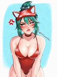 2d 2d_(artwork) 2d_artwork alternate_costume anger_vein annoyed artist_name blush bow breasts brown_eyes cleavage dripping facial_mark female green_hair hairbow half_mask highres kiriko_(overwatch) konomidraw large_breasts mask one-piece_swimsuit overwatch overwatch_2 red_lips red_one-piece_swimsuit short_hair swimsuit thick_thighs thighs topknot wide_hips