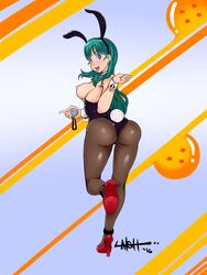 1girls areola ass big_breasts blue_eyes breasts bulma_(bunny) bulma_briefs bunny_costume bunny_ears bunny_tail bunnygirl bunnysuit dat_ass detached_collar dragon_ball dragon_radar female female_only high_heels l47sh large_breasts looking_at_viewer looking_back nipples pantyhose solo teenager wrist_cuffs