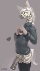2024 5_fingers 7b7a2f absurd_res animal_genitalia animal_penis anthro balls big_penis biped clothed clothed_anthro clothed_male clothing digital_media_(artwork) equid equine equine_genitalia equine_penis fingers genitals gesture glistening glistening_genitalia glistening_penis grey_theme half-closed_eyes half-erect heart_gesture heart_symbol hi_res humanoid_hands legwear male male_anthro mammal mane mouth_closed narrowed_eyes no_underwear penis signature simple_background solo striped_body stripes sweater tail thigh_highs three-quarter_view topwear turtleneck zebra