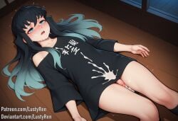 1boy after_sex ai_generated aqua_eyes aqua_hair black_hair cum_on_body cum_on_clothes cum_on_face demon_slayer facial femboy lustyren penis shaking small_penis tokitou_muichirou