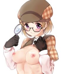 1girls blush breasts brown_hair deerstalker female glasses gloves hair hat headgear koizumi_hanayo love_live! love_live!_school_idol_project magnifying_glass nipples purple_eyes short_hair shovelwall simple_background smile solo white_background