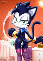 archie_comics ass bedroom black_fur female furry furry_only hershey_the_cat lace legwear looking_back mobius_unleashed pussy smile sonic_(series)