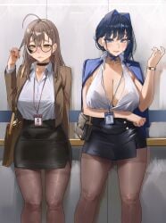 2girls ahoge alternate_breast_size archinoer badge bag bangs belly belly_visible_through_clothing big_breasts black_bra black_nails blue_eyes blue_hair blue_jacket blue_nails bra bra_visible_through_clothes brown_hair brown_jacket calves choker cleavage collarbone earrings female female_only glasses hair_between_eyes hair_vents half-closed_eyes high-waist_skirt hips hololive hololive_english hololive_english_-council- hololive_english_-promise- indoors jacket large_breasts legs legwear light-skinned_female light_skin lips long_hair looking_at_viewer mature mature_female nail_polish nanashi_mumei navel_visible_through_clothes necklace office_lady one_arm_up ouro_kronii pantyhose pencil_skirt playing_with_hair revealing_clothes ribbon_choker seductive see-through see-through_clothing see-through_shirt shirt short_hair skirt sleeveless sleeveless_shirt thick_calves thick_legs thick_thighs thighs tied_hair unbuttoned unbuttoned_shirt virtual_youtuber waist watch white_shirt wide_hips wristwatch yellow_eyes